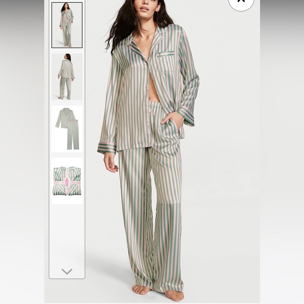 Victoria's Secret Green and Cream Striped Satin Pajama Set